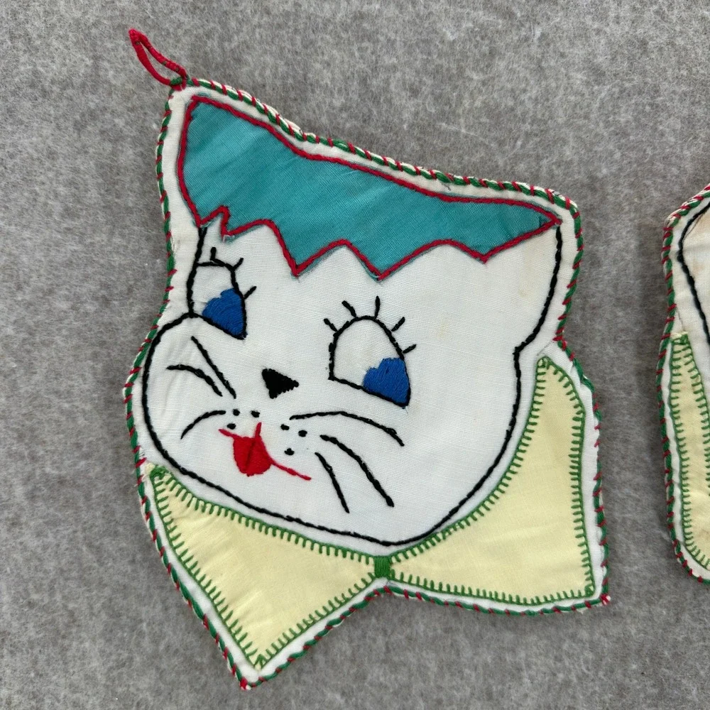 VTG Lightweight Potholders Vintage Cat Dog Embroidered Handmade Decor